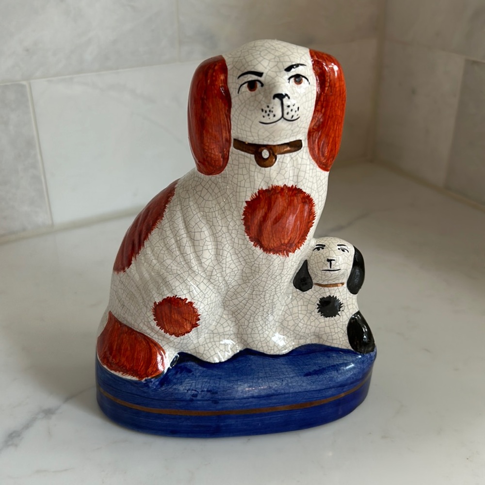 Vintage Staffordshire Style Wally Dog, King Charles Spaniel, with Puppy
